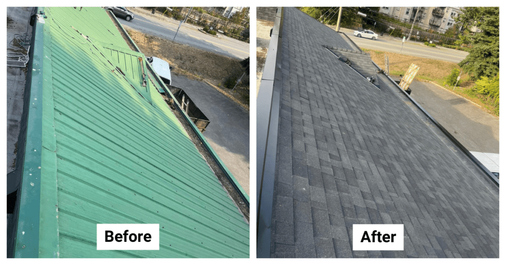 Roof Replacement - from Metal Roof to Asphalt Shingle - 27336 Fraser Highway Langley Township, BC V4W 3N5